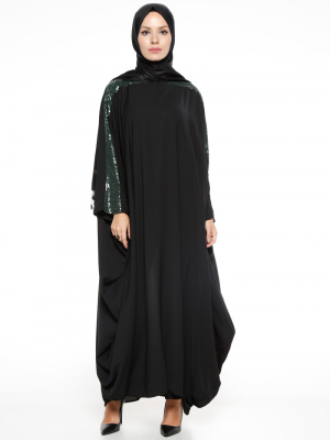 Filizzade Siyah Yeşil Pul Payetli Ferace Elbise