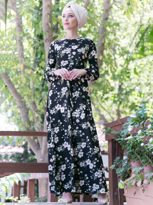 İnşirah Siyah Bej Çiçek Desenli Elbise