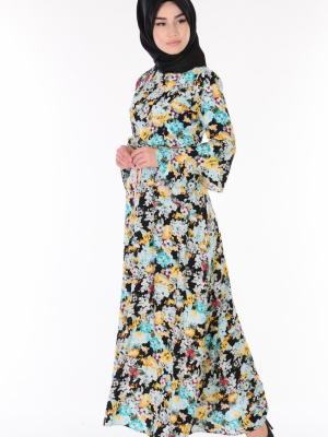 Sefamerve Siyah Hardal Çiçek Desenli Elbise