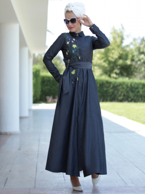 Selma Sarı Design Antrasit Lina Nakışlı Elbise