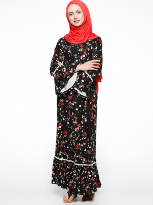 XTREND Siyah Kırmızı Çiçek Desenli Elbise
