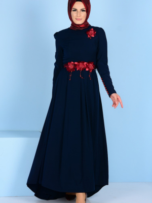 Sefamerve Lacivert Çiçek Detaylı Elbise