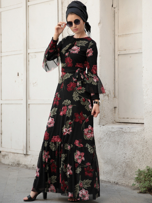 Selma Sarı Design Siyah Çiçek Desenli Elbise