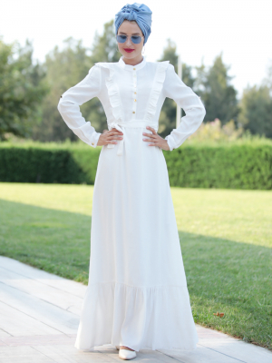 Selma Sarı Design Beyaz Fırfırlı Elbise