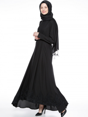 Panaline Siyah Güpür Detaylı Elbise