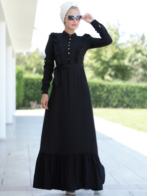 Selma Sarı Design Siyah Fırfırlı Elbise