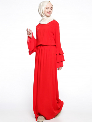 Appleline Kırmızı Beli Büzgülü Elbise
