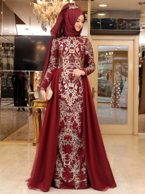 Pınar Şems Bordo Zerafet Abiye Elbise