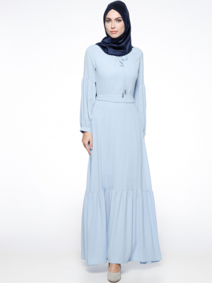 Etrucci Mavi Düz Renkli Kemerli Elbise
