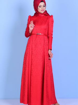 Sefamerve Kırmızı Kemerli Pileli Elbise