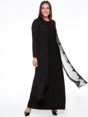 Sevilay Giyim Siyah Şifon Güpürlü Abiye Elbise