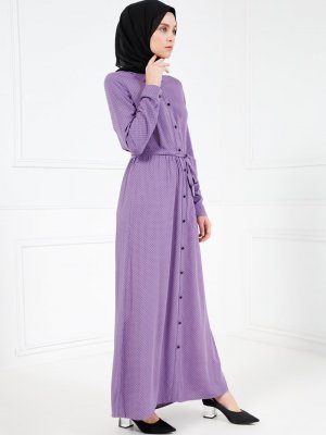 Refka Lila Doğal Kumaşlı Puantiyeli Elbise
