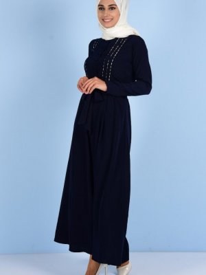 Sefamerve Lacivert Düğmeli Kuşaklı Elbise
