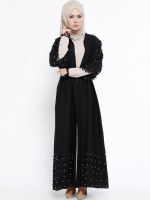 Jamila Siyah Vizon İncili Abaya&Elbise İkili Takım