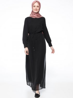 İroni Siyah Beli Bağcıklı Şifon Elbise