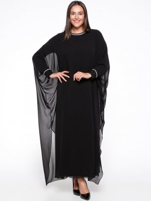 Melisita Siyah Şifon Parçalı Taş Detaylı Abiye Elbise