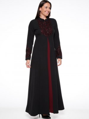 Sevilay Giyim Siyah Bordo Payetli Abiye Elbise