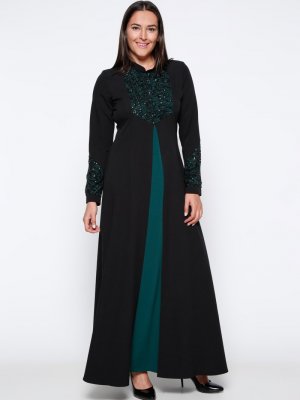 Sevilay Giyim Siyah Yeşil Payetli Abiye Elbise
