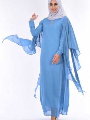 Sefamerve Mavi Şifon Detaylı Abiye Elbise
