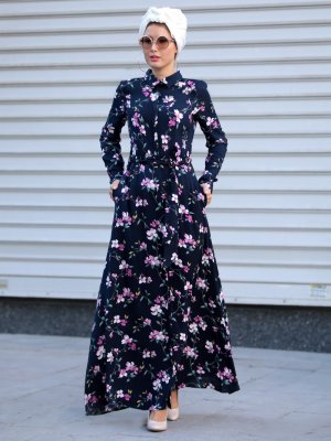 Selma Sarı Design Lacivert Pembe Yaren Elbise