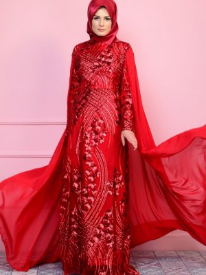 Sefamerve Kırmızı Payet Detaylı Abiye Elbise