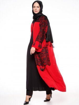 Ajal Siyah Kırmızı Kolsuz Tunik&Abaya İkili Takım