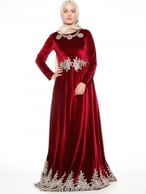 Mislina Bordo Güpürlü Kadife Abiye Elbise