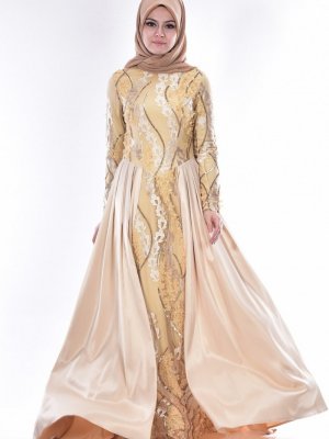 Sefamerve Gold Pullu Dantelli Abiye Elbise