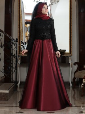 Al-Marah Bordo Siyah Afitap Abiye Elbise
