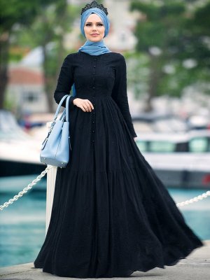 Muslima Wear Siyah Pamuklu Abiye Elbise