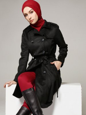 Seyhan Fashion Siyah Süet Trençkot