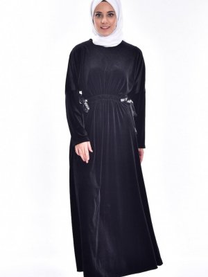 Sefamerve Siyah Yarasa Kol Kadife Elbise