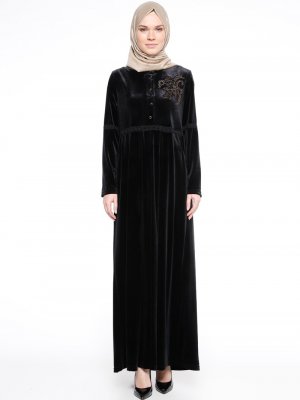 Ginezza Siyah Drop Baskılı Kadife Elbise