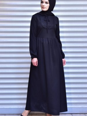 Sefamerve Siyah Güpür Detaylı Elbise