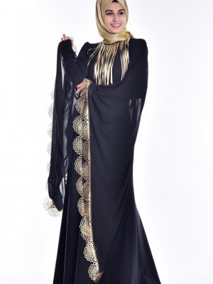 Sefamerve Siyah Lazer Kesim Abiye Elbise