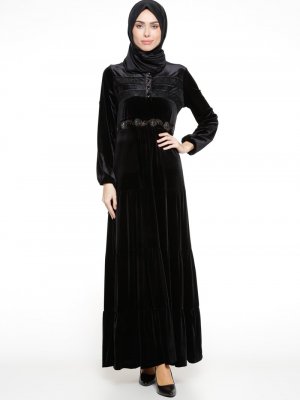 Ginezza Siyah Dantel Detaylı Kadife Elbise