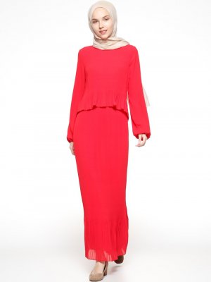 Eva Fashion Kırmızı Pliseli Elbise