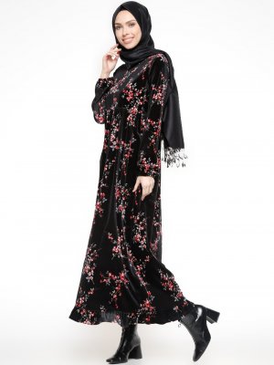Puane Siyah Kırmızı Çiçek Desenli Kadife Elbise