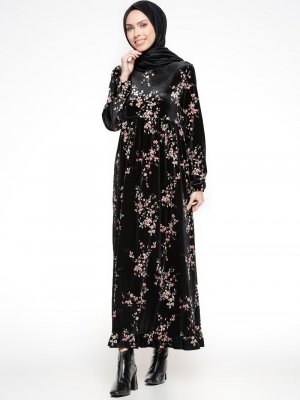 Puane Siyah Pembe Çiçek Desenli Kadife Elbise
