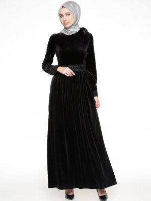 Loreen By Puane Siyah Güpür Detaylı Kadife Elbise