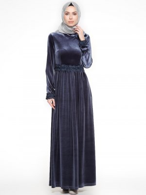 Loreen By Puane Gri Güpür Detaylı Kadife Elbise