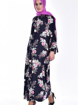 Sefamerve Lacivert Çiçek Desenli Elbise