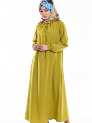 Sefamerve Yağ Yeşili Kolu Lastikli Elbise
