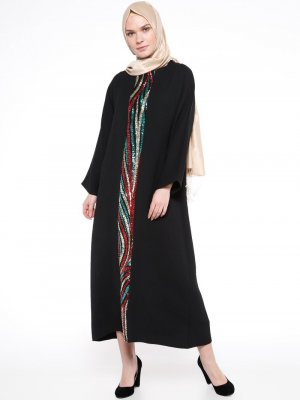 Filizzade Siyah Bordo Pul Payetli Elbise