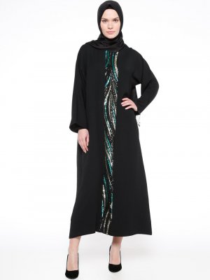 Filizzade Siyah Yeşil Pul Payetli Elbise