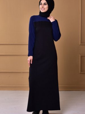 Sefamerve Siyah İndigo Yarasa Kol İkil Renk Elbise