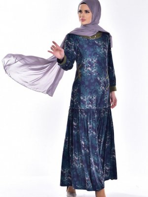 Sefamerve Lacivert Desenli Büzgülü Elbise