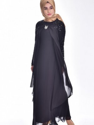 Sefamerve Siyah Broş Detaylı Şifon Abiye Elbise