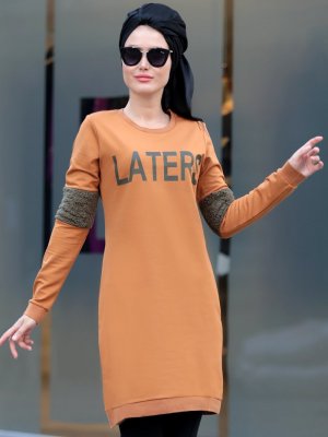 Selma Sarı Design Hardal Kolu Tüy Detaylı Tunik