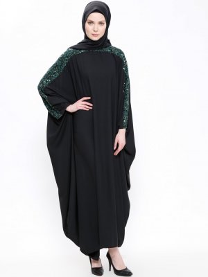 Filizzade Siyah Yeşil Yarasa Kollu Elbise